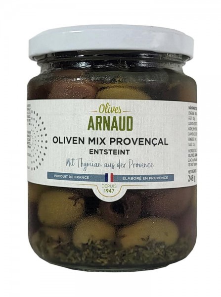 Olives Arnaud Oliven Mix Provencal mit Thymian entsteint im Glas 248 g